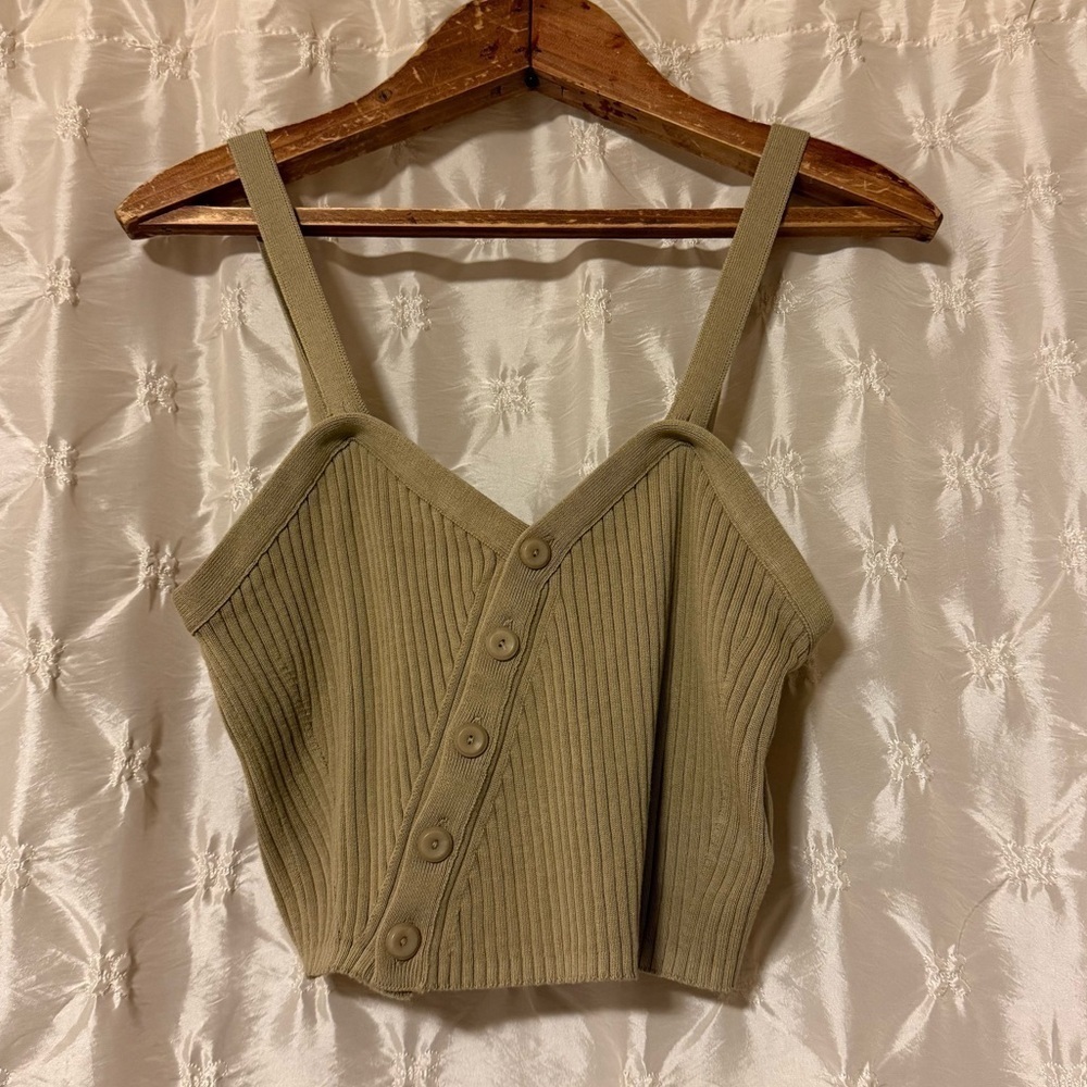 ba&sh Beige Cubalt Ribbed Knit Button Front Crop Tank Top - Picture 2 of 11